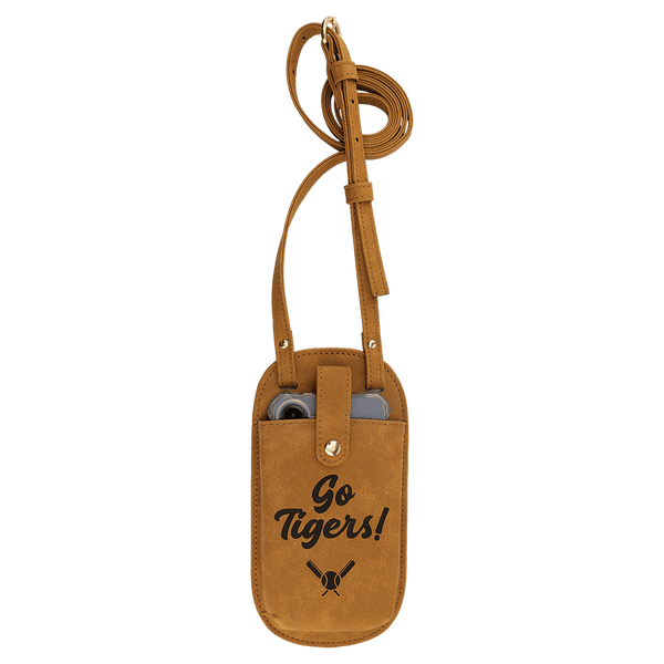 Light Brown Essential Crossbody Bag — vegan leather with magnetic phone pouch and adjustable strap, shown from the front.