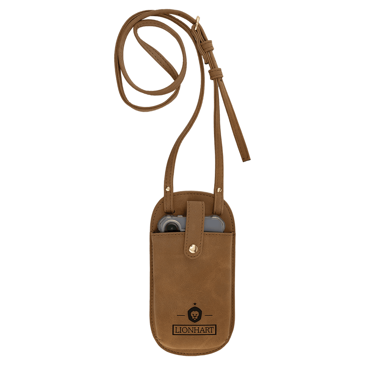 Medium Brown Essential Crossbody Bag — vegan leather with magnetic phone pouch and adjustable strap, shown from the front.
