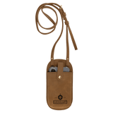 Medium Brown Essential Crossbody Bag — vegan leather with magnetic phone pouch and adjustable strap, shown from the front.