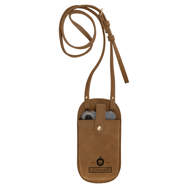Medium Brown Essential Crossbody Bag — vegan leather with magnetic phone pouch and adjustable strap, shown from the front.