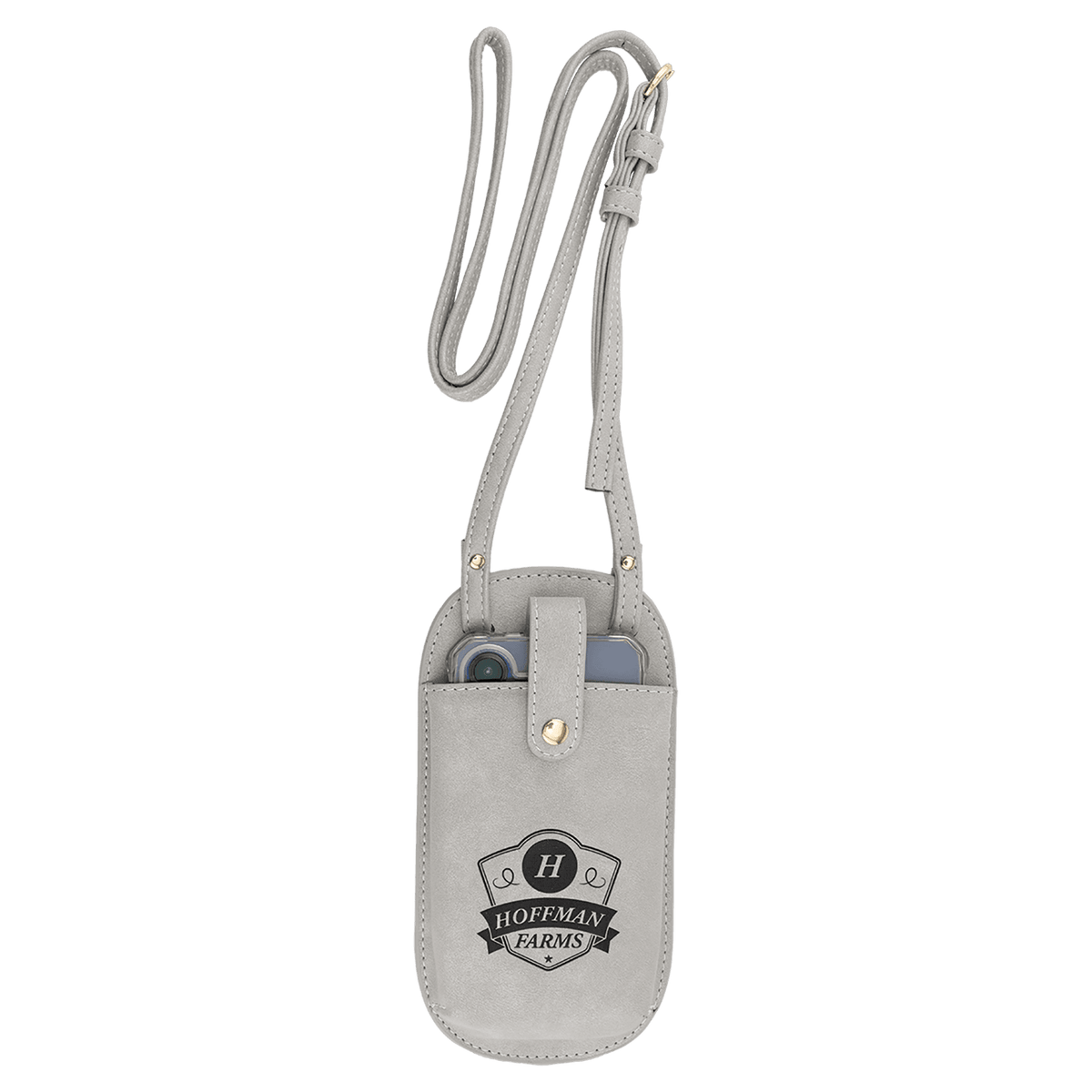 Light Gray Essential Crossbody Bag — vegan leather with magnetic phone pouch and adjustable strap, shown from the front.