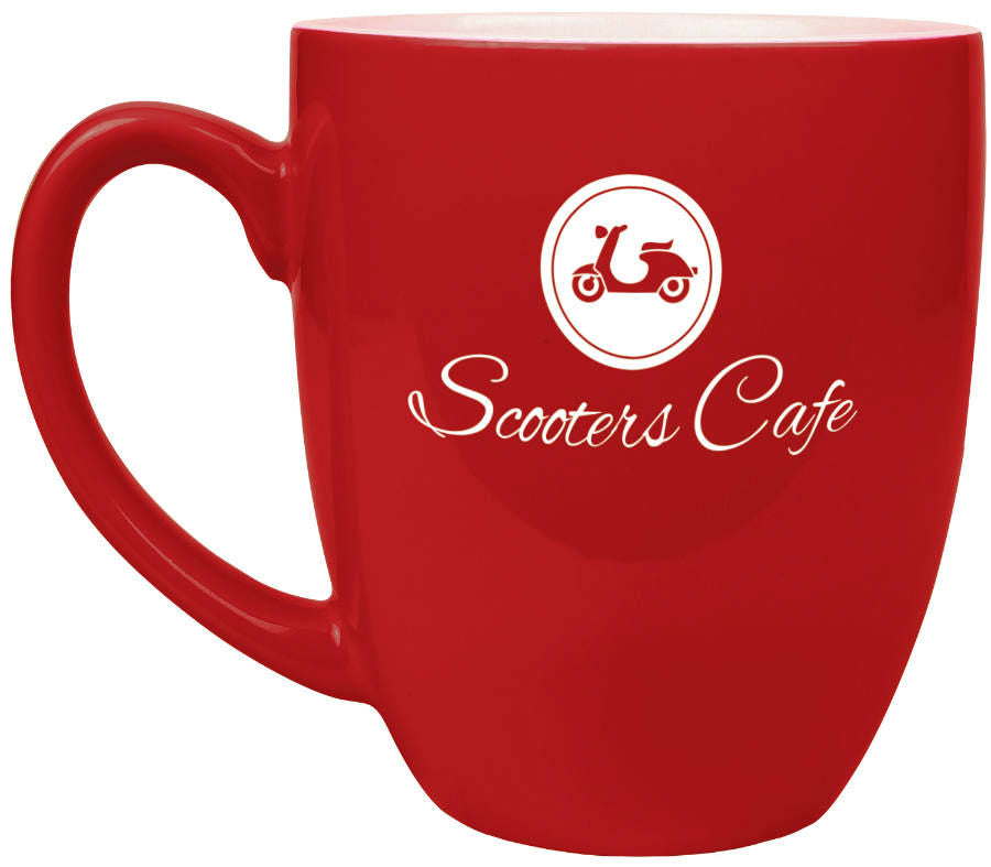 Red with White Engraving 16 Oz Ceramic Bistro Mug - Laser Engraved Ceramic