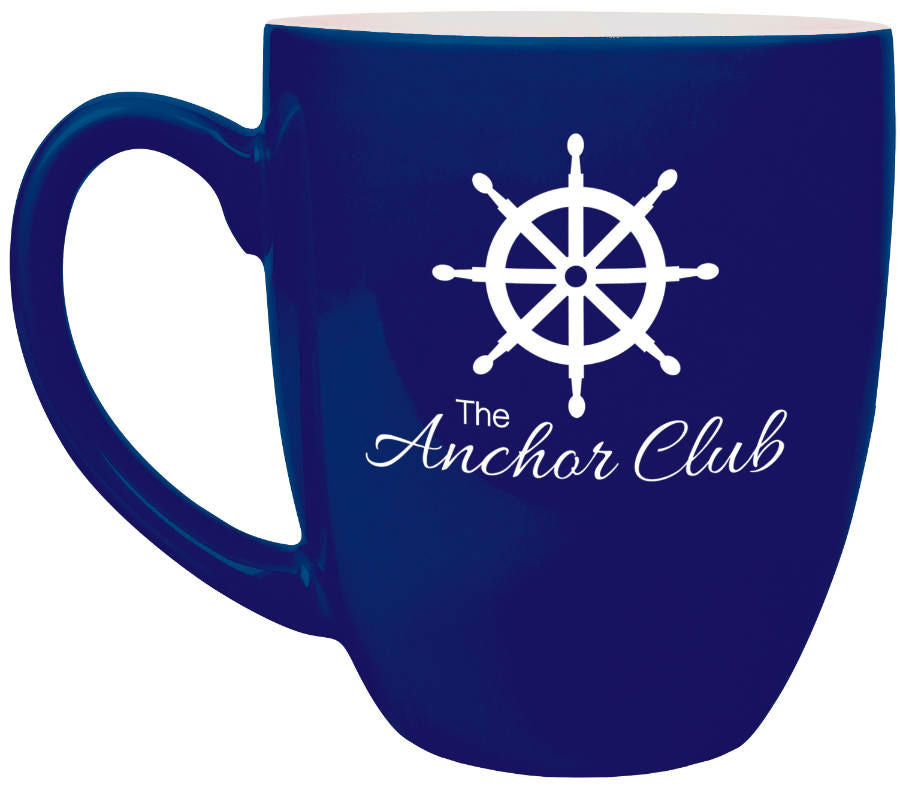 Blue with White Engraving 16 Oz Ceramic Bistro Mug - Laser Engraved Ceramic