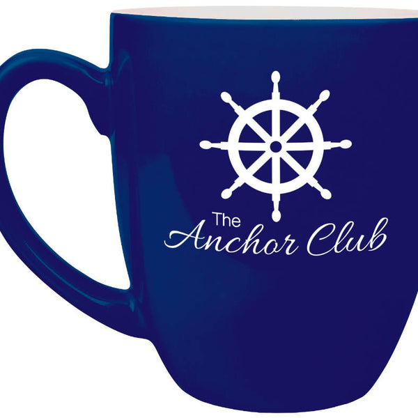 Blue with White Engraving 16 Oz Ceramic Bistro Mug - Laser Engraved Ceramic
