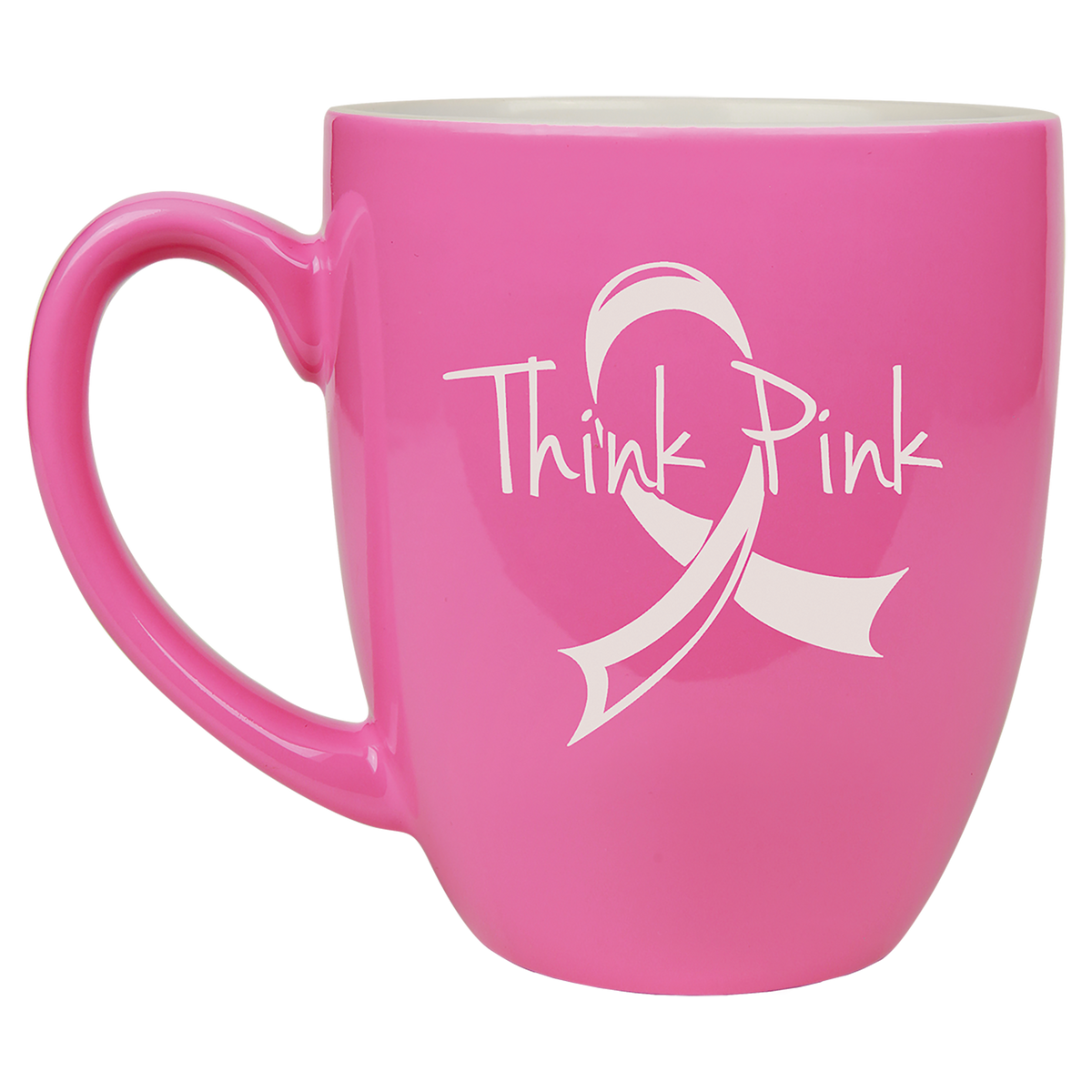 Pink with White Engraving 16 Oz Ceramic Bistro Mug - Laser Engraved Ceramic