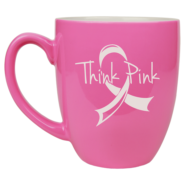 Pink with White Engraving 16 Oz Ceramic Bistro Mug - Laser Engraved Ceramic