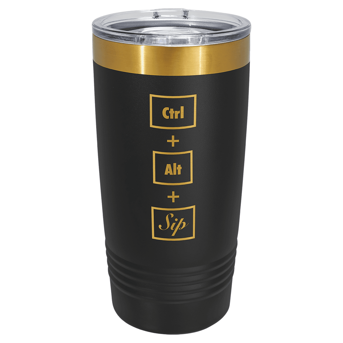 A Black LyteWork Engraving 20 oz. /Bright Gold ION-Plated Ringneck Tumbler Slider Lid