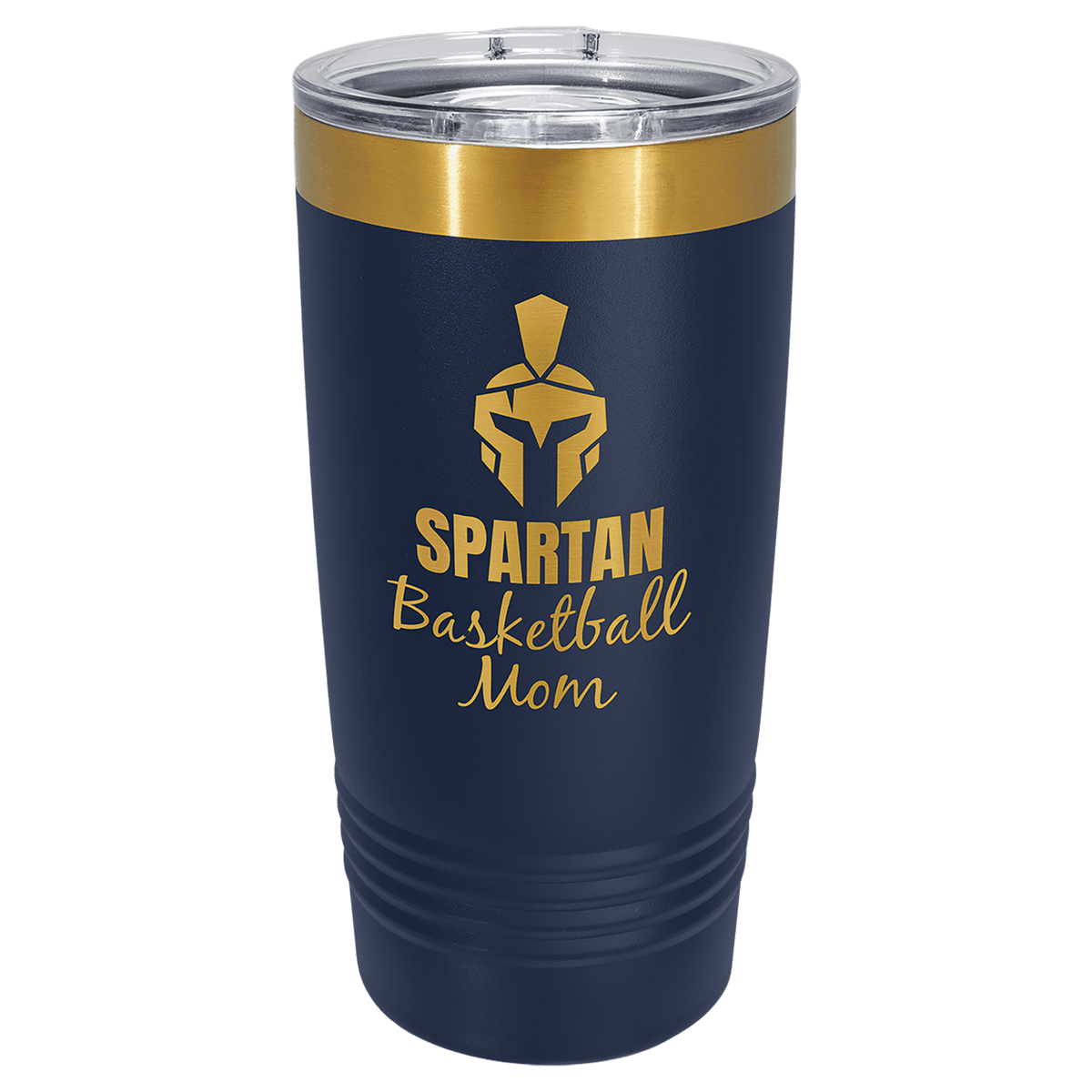 A Navy Blue LyteWork Engraving 20 oz. /Bright Gold ION-Plated Ringneck Tumbler Slider Lid