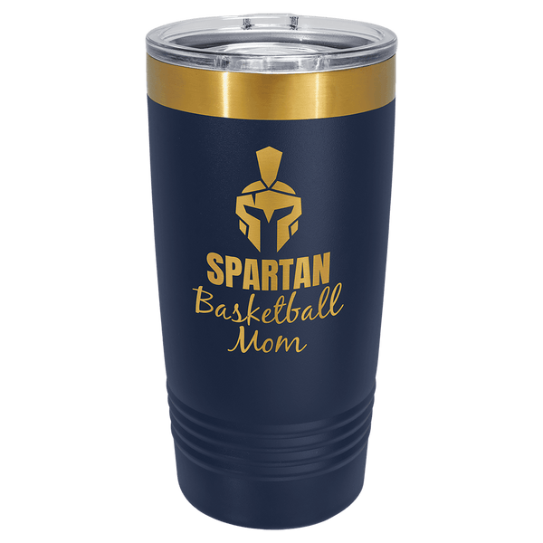 A Navy Blue LyteWork Engraving 20 oz. /Bright Gold ION-Plated Ringneck Tumbler Slider Lid