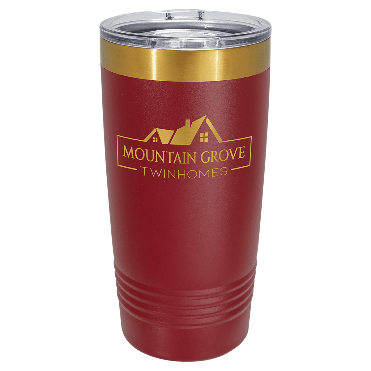 A Maroon LyteWork Engraving 20 oz. /Bright Gold ION-Plated Ringneck Tumbler Slider Lid