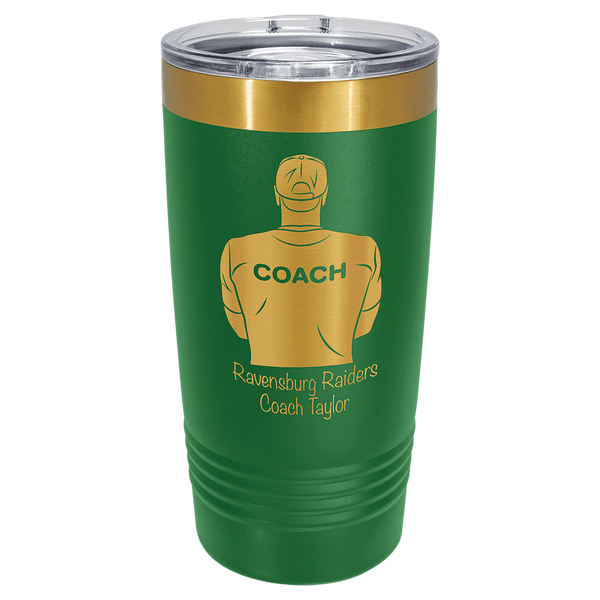 A Green LyteWork Engraving 20 oz. /Bright Gold ION-Plated Ringneck Tumbler Slider Lid