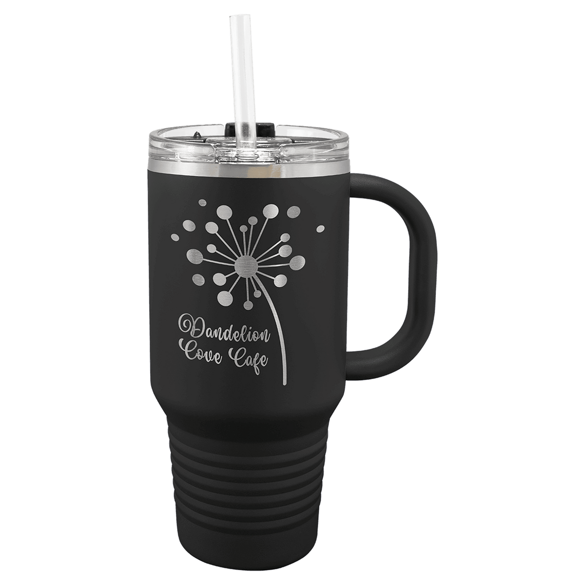 A Black LyteWork Engraving 32 oz. Travel Mug Snap Lid & Straw