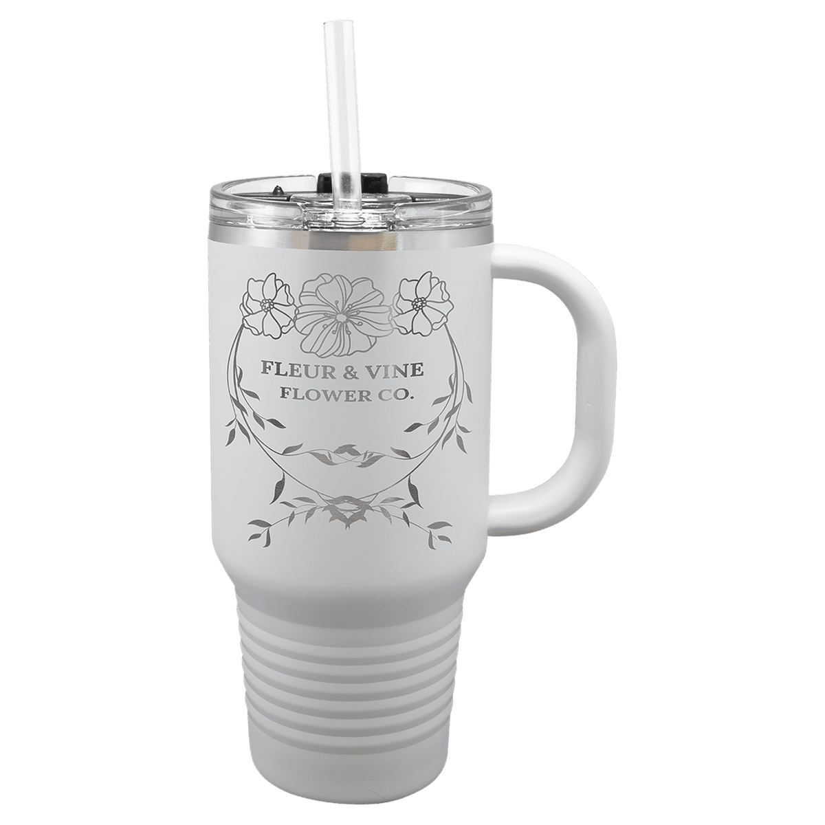 A White LyteWork Engraving 32 oz. Travel Mug Snap Lid & Straw