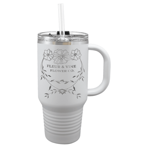 A White LyteWork Engraving 32 oz. Travel Mug Snap Lid & Straw