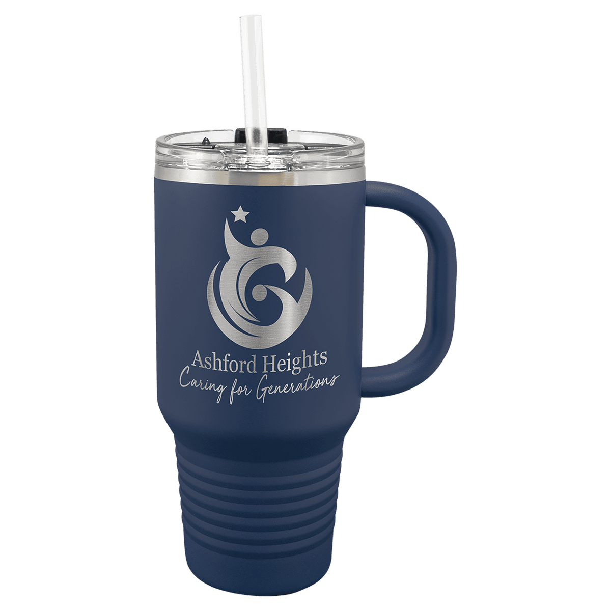 A Navy Blue LyteWork Engraving 32 oz. Travel Mug Snap Lid & Straw