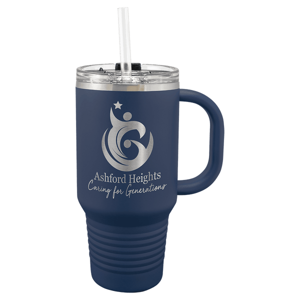 A Navy Blue LyteWork Engraving 32 oz. Travel Mug Snap Lid & Straw