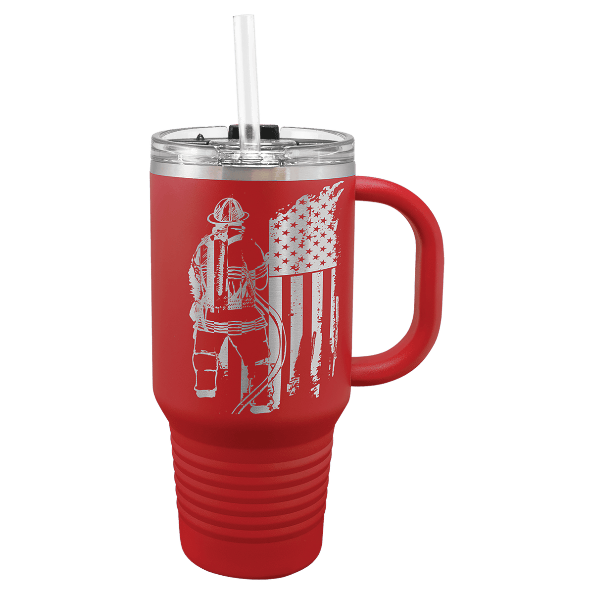 A Red LyteWork Engraving 32 oz. Travel Mug Snap Lid & Straw