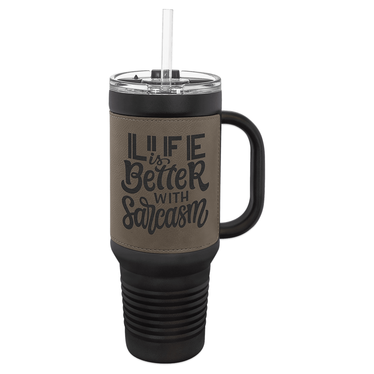 Gray with Black Engraving 40 oz "LEATHERETTE" Travel Mug - Laser Engraved Drinkware