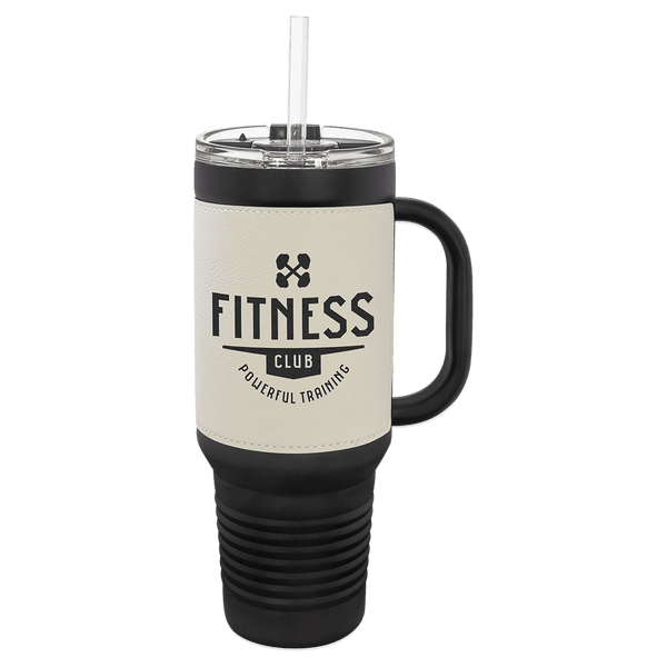 White with Black Engraving 40 oz "LEATHERETTE" Travel Mug - Laser Engraved Drinkware