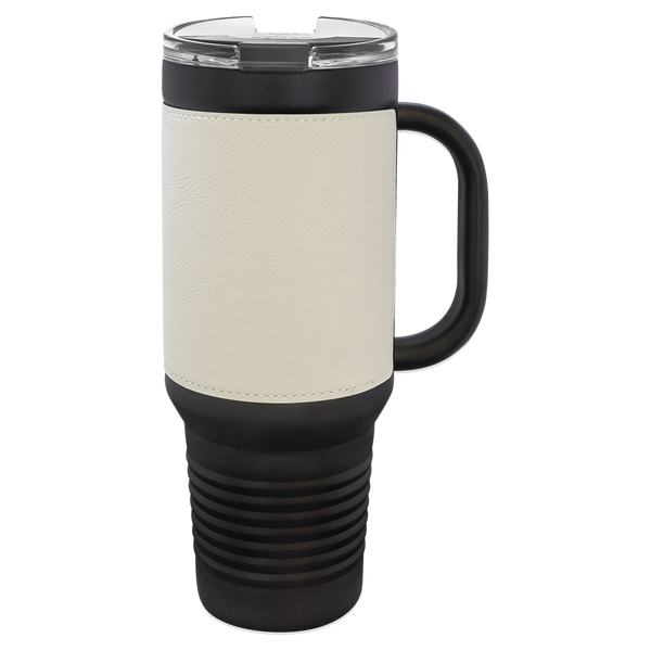 White with Black Engraving 40 oz "LEATHERETTE" Travel Mug - Laser Engraved Drinkware