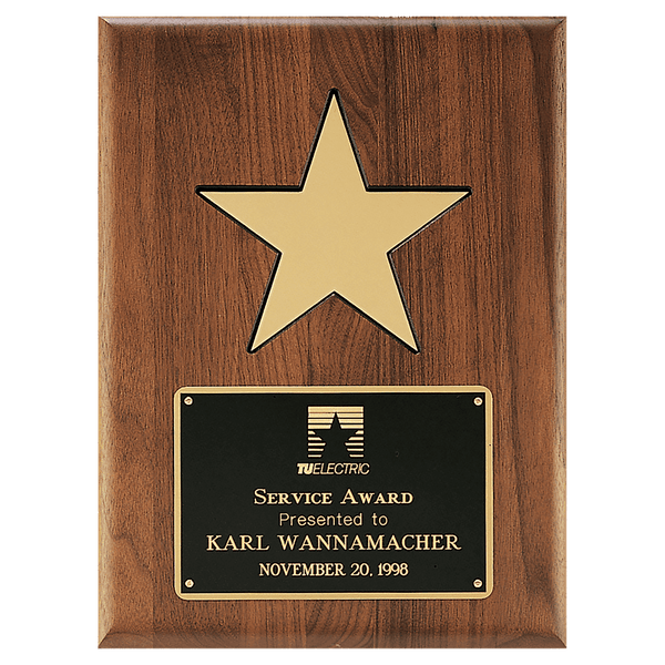 Gold Aluminum Star Solid Walnut Plaque w/ Recessed Area/Black Brass Plate - Custom Engraved Plaque