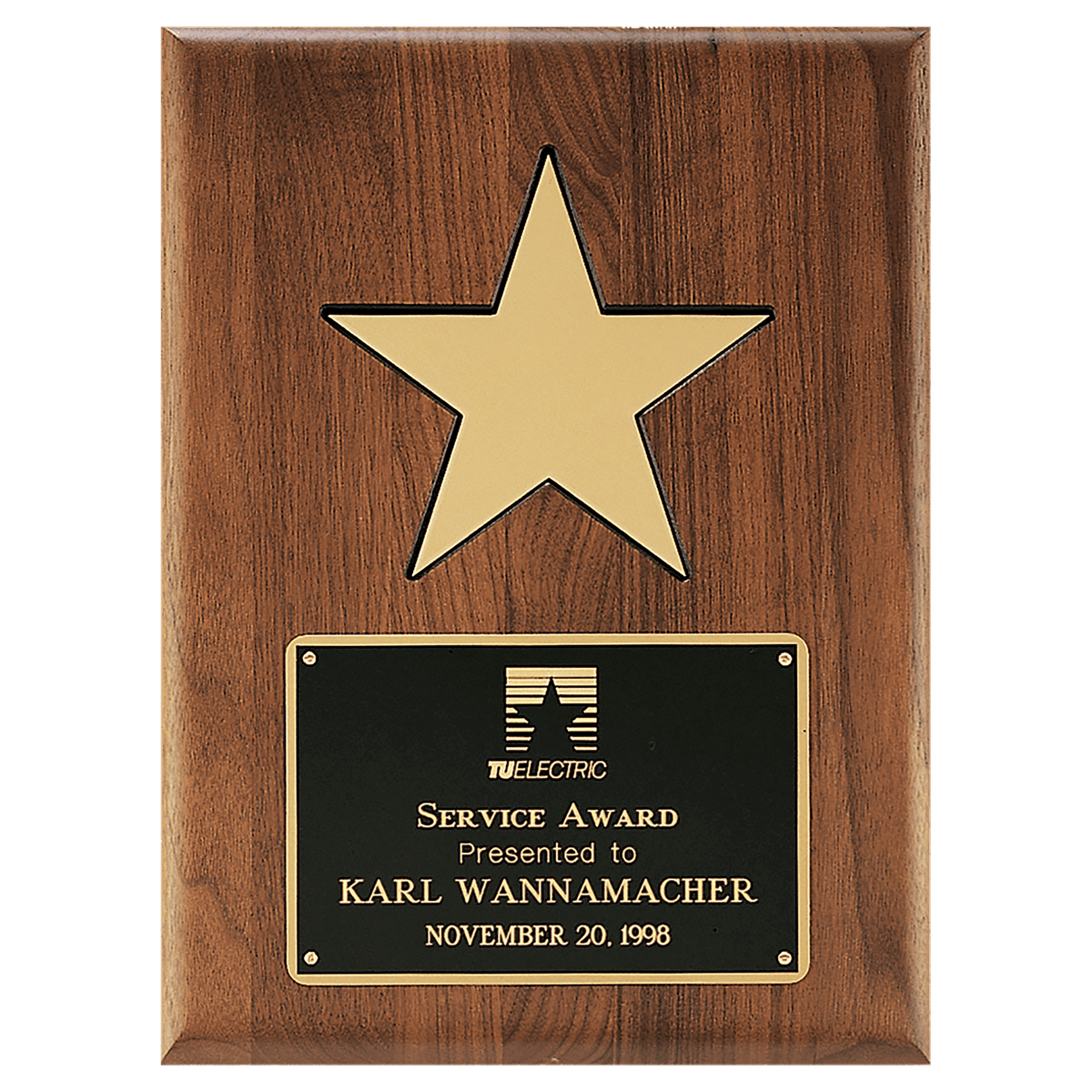 Gold Aluminum Star Solid Walnut Plaque w/ Recessed Area/Black Brass Plate - Custom Engraved Plaque