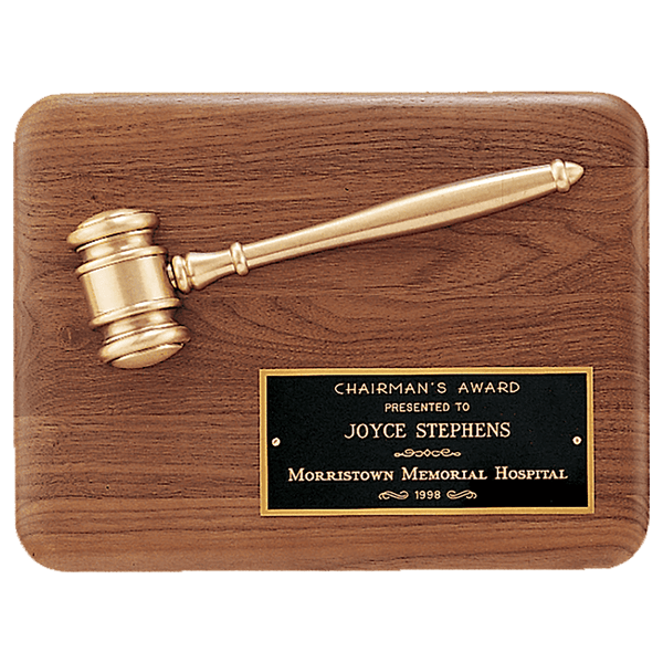 Walnut Plaque with Antique Bronze Cast Gavel and Brass Plate - Custom Engraved Plaque