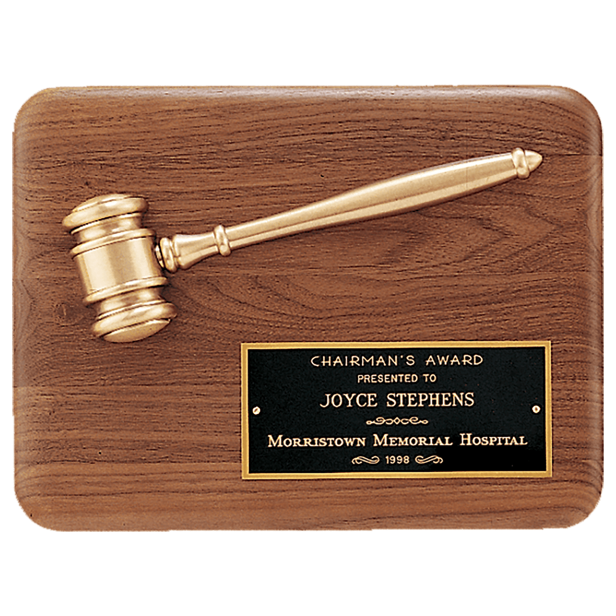Walnut Plaque with Antique Bronze Cast Gavel and Brass Plate - Custom Engraved Plaque