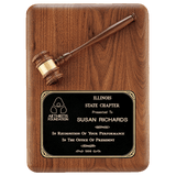 Walnut Gavel Plaque - Round Corner with Bronze Gavel - Custom Engraved Plaque