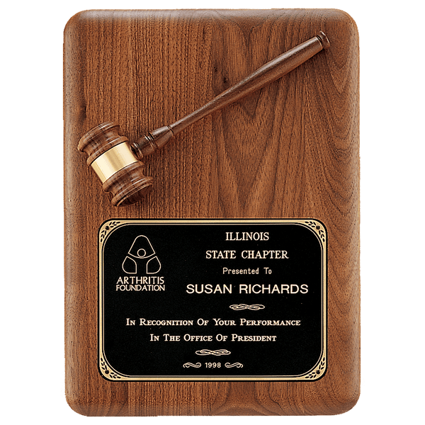 Walnut Gavel Plaque - Round Corner with Bronze Gavel - Custom Engraved Plaque