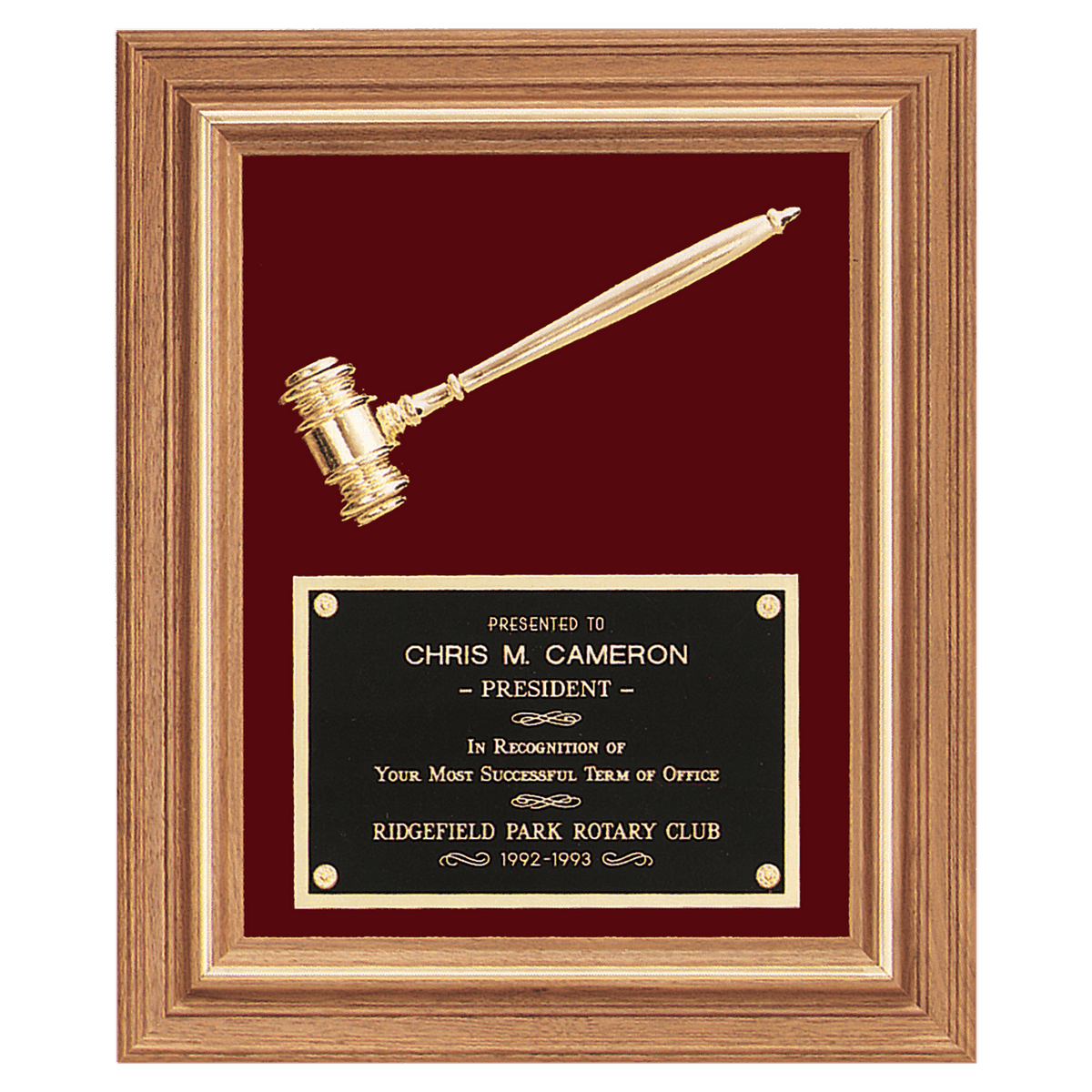 American Walnut Frame with Gold Electroplated Metal Gavel on Maroon Velour - Laser Engraved Gift