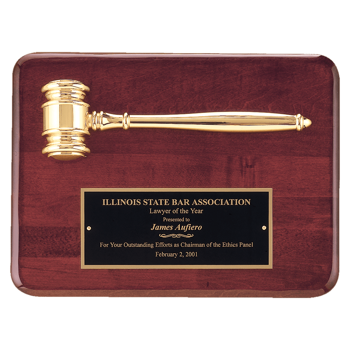 Gavel Plaque - Rosewood with Gold Electroplated Gavel - Custom Engraved Plaque