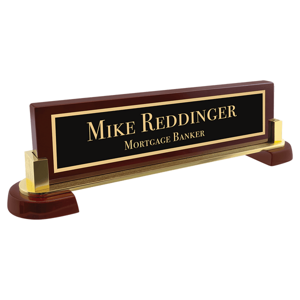 Piano Finish Rosewood & Metal Desk Nameplate - Laser Engraved Corporate Gift