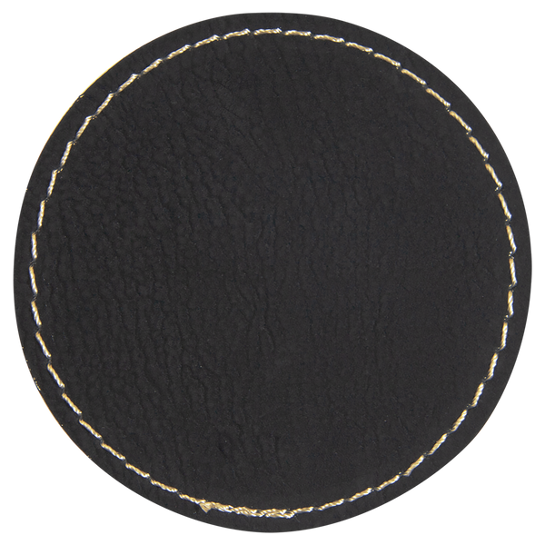 Black with Gold Engraving 2.5x2.5 Circle Hat Patches - Laser Engraved Leatherette