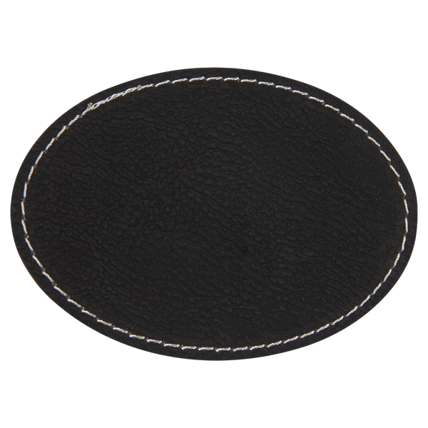 Black with Silver Engraving 3.5x2.5 Oval Hat Patches - Laser Engraved Leatherette