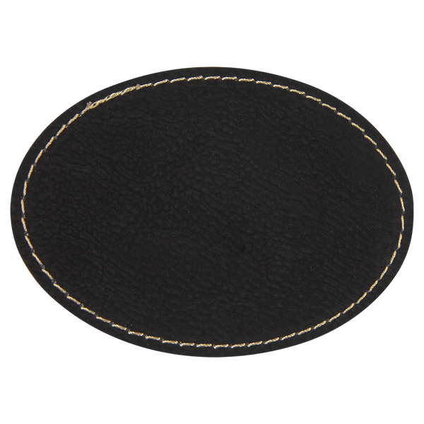 Black with Gold Engraving 3.5x2.5 Oval Hat Patches - Laser Engraved Leatherette