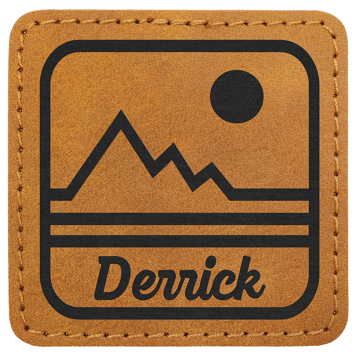 A Light Brown 2 1/2" x 2 1/2" Premier Laserable Leatherette Square Patch Adhesive - Creekside Collection