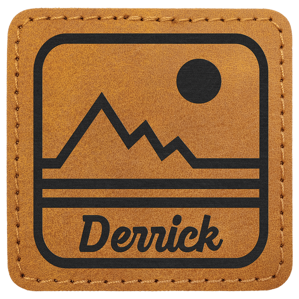 A Light Brown 2 1/2" x 2 1/2" Premier Laserable Leatherette Square Patch Adhesive - Creekside Collection