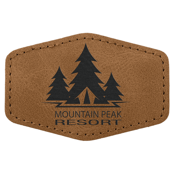 A Medium Brown 3" x 2" Premier Laserable Leatherette Hex Patch Adhesive- Creekside Collection