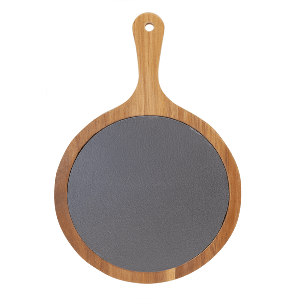Round Acacia Wood-Slate Serving Board with Handle - Laser Engraved Kitchen
