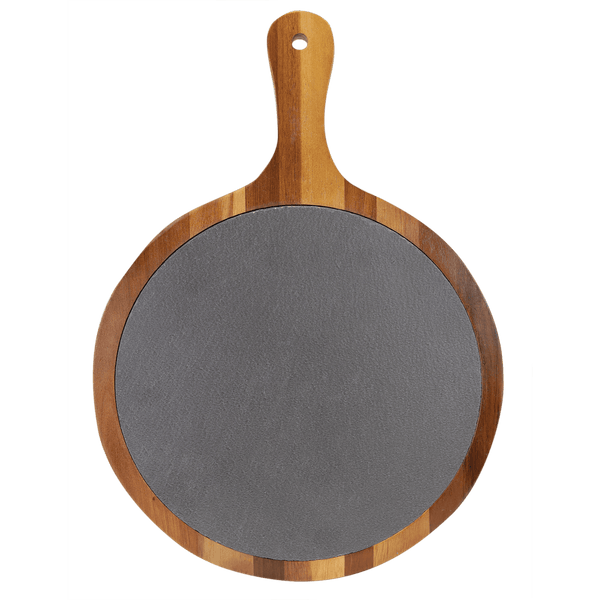 Round Acacia Wood-Slate Serving Board with Handle - Laser Engraved Kitchen