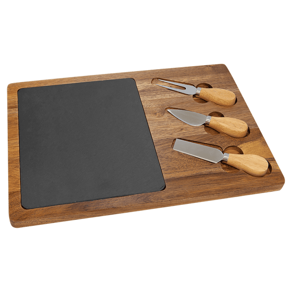 Acacia Wood-Slate Rectangle Cheese Set with Three Tools - Laser Engraved Kitchen