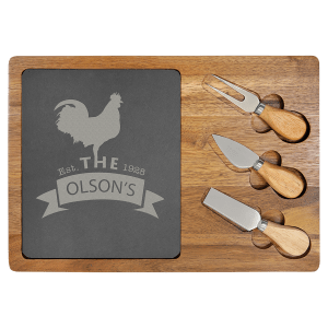 Acacia Wood-Slate Rectangle Cheese Set with Three Tools - Laser Engraved Kitchen
