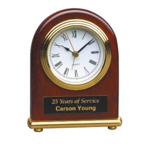Rosewood Piano Finish Arch Desk Clock - Laser Engraved Corporate Gift