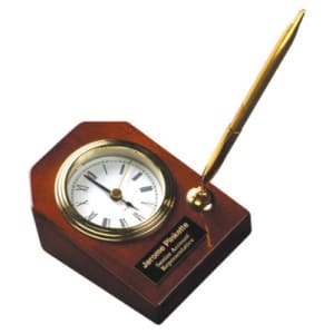 Rosewood Piano Finish Desk Clock with Pen - Laser Engraved Corporate Gift