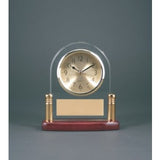 Arch Glass Desk Clock with Metal Posts & Rosewood Piano Finish - Laser Engraved Desk Clock