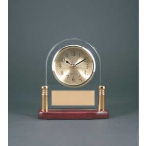 Arch Glass Desk Clock with Metal Posts & Rosewood Piano Finish - Laser Engraved Desk Clock