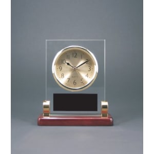 Rectangle Glass Desk Clock with Metal Posts & Rosewood Piano Finish - Laser Engraved Drinkware