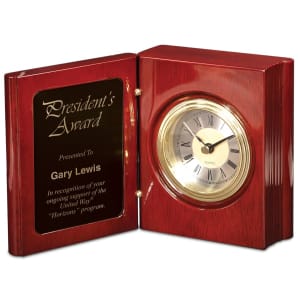 Rosewood Piano Finish Book Clock - Laser Engraved Corporate Gift