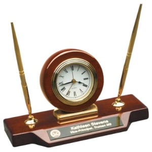 Piano Finish Desk Clock on Base with 2 Pens - Laser Engraved Corporate Gift